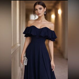 Strapless Navy Formal Dress with Off Shoulder Ruffles Flowy Silky Evening Gown
